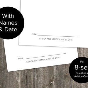 Personalizado com nomes e data para cartões de perguntas e conselhos de casamento com 8 conjuntos - download para impressão