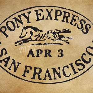 May include: Black and white oval stamp with the text "PONY EXPRESS SAN FRANCISCO" and a horse and rider illustration. The date "APR 3" is printed below the illustration.