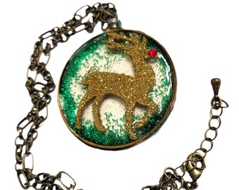Christmas Rudolph Necklace, Vintage Christmas Reindeer Necklace, Rudolph Necklace, Resin Pendant Necklace