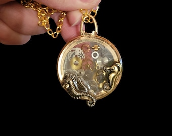 Steampunk Seahorse Necklace, Clockworks Pendant Necklace, Watch Parts Necklace, Resin Necklace