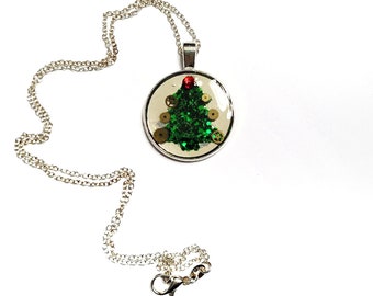 Steampunk Christmas Necklace, Christmas Tree Bronze Cogs and Gears Necklace, Christmas Tree Silver Cogs and Gears Necklace