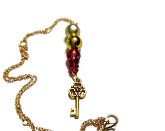 Red Beaded Necklace, Gold Lariat Beaded Necklace, Gold Plated Key Necklace