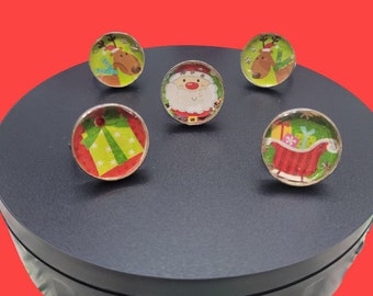 Fun Holiday Retro Picture Rings, Santa, Reindeer, Sleigh, Present Picture Rings, Silver Plated Christmas Rings