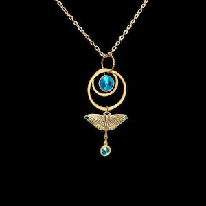 Luna Moth Bronze Brass Three Rings Necklace and Teal Blue Swarovski Crystals Necklace