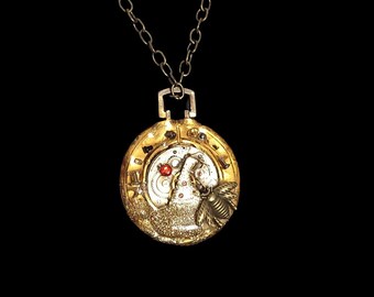Steampunk Bee Necklace Antique Bronze Pendant Necklace, Gold Round Base Pocket Watch Pendant Necklace, Red Crystal Resin Pendant Necklace