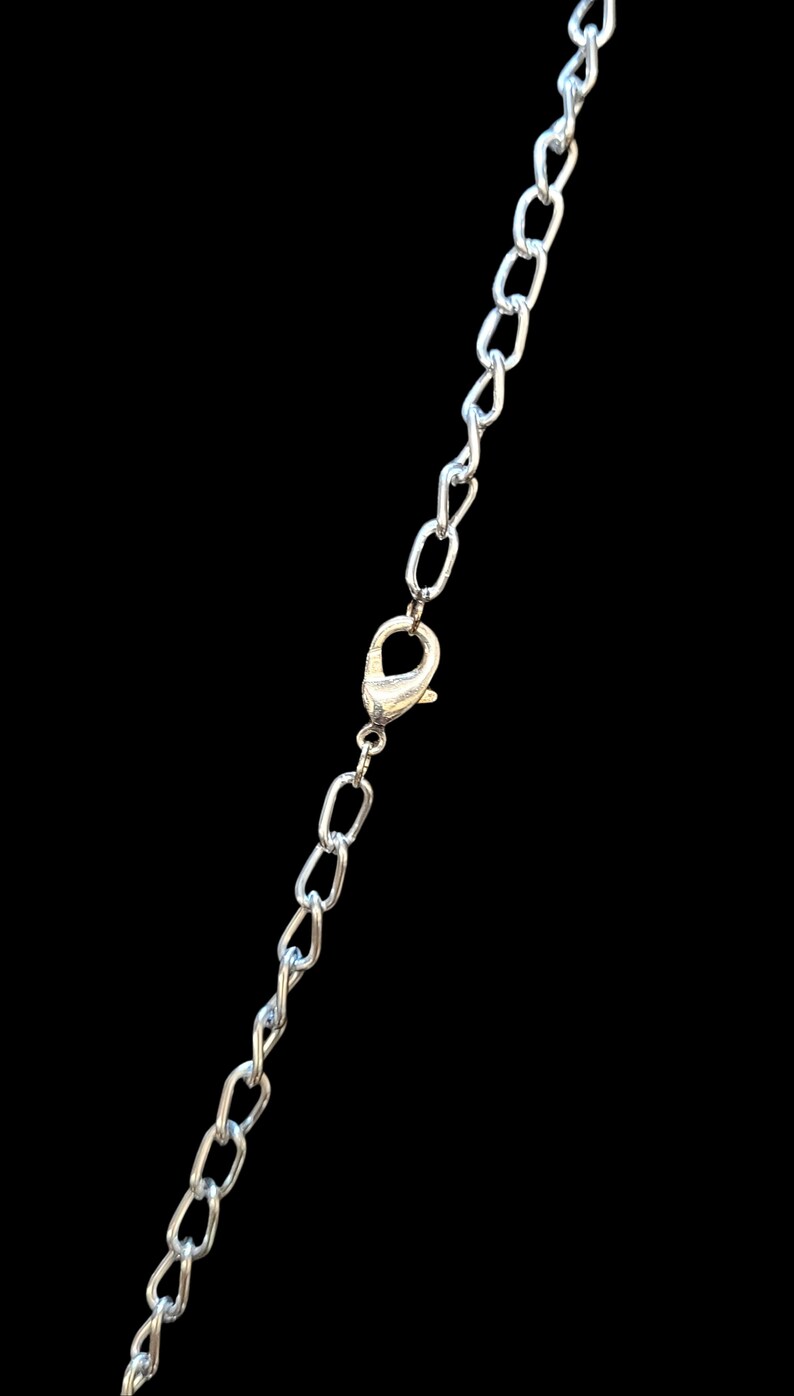 May include: A silver chain necklace with a lobster clasp closure.