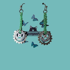 Steampunk Green Chain Silver Plated and Antique Bronze Dangle Earrings