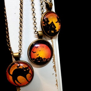 Halloween Scenes Variety Autumn Fall Necklace, Trick or Treat, Happy Halloween, Black & White Cat Top Hat, Pumpkin, Steampunk Lady Necklace