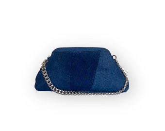 Denim Patchwork Clam Clutch Purse