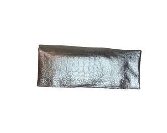 Fold Over Clutch Handbag - Silver Animal Print