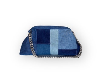 Denim Patchwork Clam Clutch Purse