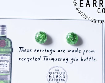 Recycled Tanqueray Bottle Earrings, Sterling Silver Studs