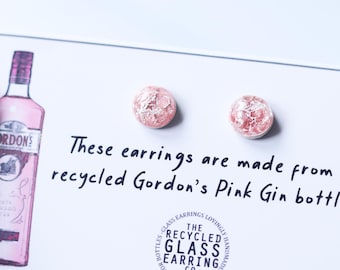PINK GIN EARRINGS, Recycled Gordon's Gin Bottle Earrings, Recycled Gin Bottle Earrings, Glass Earrings, Recycled Liquor Bottle Earrings