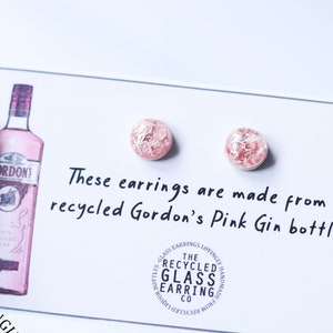 PINK GIN EARRINGS, Recycled Gordon&#39;s Gin Bottle Earrings, Recycled Gin Bottle Earrings, Glass Earrings, Recycled Liquor Bottle Earrings