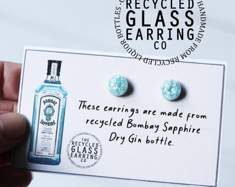 BOMBAY SAPPHIRE EARRINGS, Recycled Gin Bottle Earrings, Recycled Bombay Sapphire Earrings, Glass Earrings, Recycled Liquor Bottle Earrings