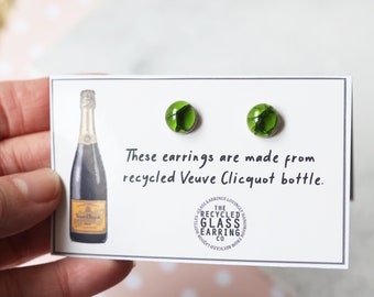 VEUVE CLICQUOT, Champagne Bottle Earrings, Recycled Glass Earrings, Glass Earrings, Recycled Liquor Bottle Earrings, Unique Fashion