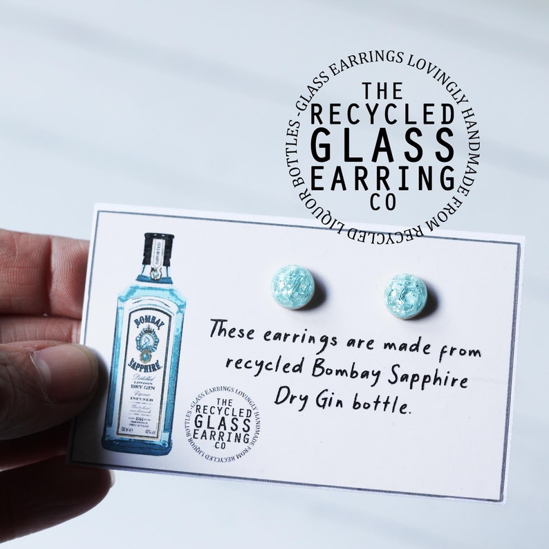 BOMBAY SAPPHIRE EARRINGS, Recycled Gin Bottle Earrings, Recycled Bombay Sapphire Earrings, Glass Earrings, Recycled Liquor Bottle Earrings image 1