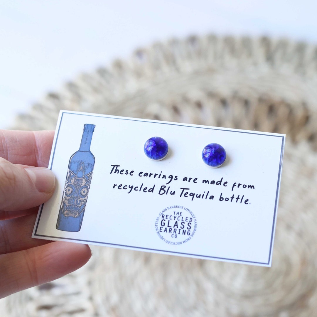 TEQUILA EARRINGS, Recycled Tequila Bottle Earrings, Blu Tequila Earrings, Glass Earrings