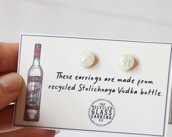 STOLICHNAYA EARRINGS, Recycled Stoli Bottle Earrings, Stolichnaya Vodka Earrings, Glass Earrings, Recycled Liquor Bottle Earrings, Vodka