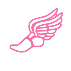 May include: A pink winged foot graphic design. The foot is facing left and has a wing with multiple feathers extending to the right.