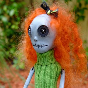 OOAK art doll. Paperclay doll for halloween, 6,5 inch sitting, wool hair,  Acrylic + UV resistant varnish, Handmade, jointed.