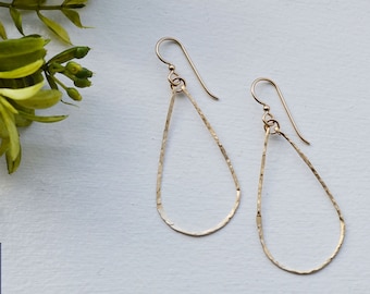 Gold Hammered Hoop Teardrop Earrings by The Statement House, Gold Filled Dangle Hoop Earrings