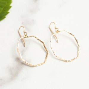 Gold Hammered Emerald Shape Earrings by The Statement House, Gold Filled Dangle Hoop Earrings