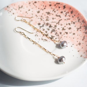 MORGAN Drop Pearl Earrings - Gray - by The Statement House, Gold Filled Dangle Earrings