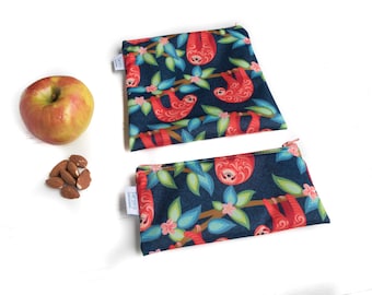 Reusable Snack Sandwich Bag Set Sloth, reusable ecofriendly zippered snack pouch, zero waste lunch bag, food safe snack sack