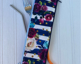 Reusable Straw Bag, Utensil Pouch, double sided, floral fabric, Toothbrush Case, Metal Glass Silicone straw holder, two compartment bag