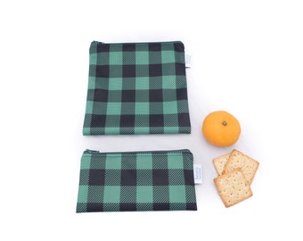 Reusable Sandwich Snack Bag Set, Green Plaid, reusable food bag, ecofriendly pouch, zippered food bags, snack pouch, lunch bag, snack sack