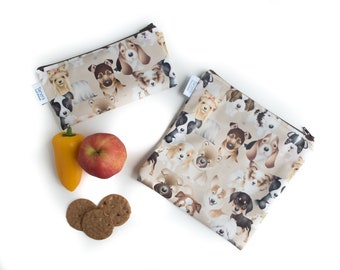 Reusable Sandwich Snack Bag Set Dog Print, reusable ecofriendly zippered snack pouch, zero waste lunch bag, food safe snack sack