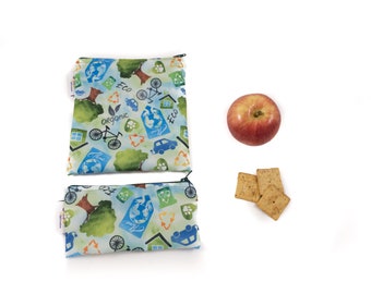 Reusable Sandwich Snack Bag Set Recycling Print, reusable ecofriendly zippered snack pouch, zero waste lunch bag, food safe snack sack