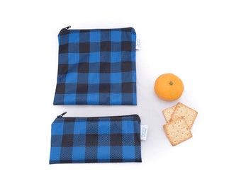 Reusable Sandwich Snack Bag Set, Blue Plaid, reusable food bag, ecofriendly pouch, zippered food bags, snack pouch, lunch bag, snack sack