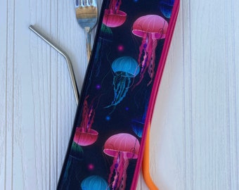 Reusable Straw Bag, Utensil Pouch, double sided, jellyfish fabric, Toothbrush Case, Metal Glass Silicone straw holder, two compartment bag