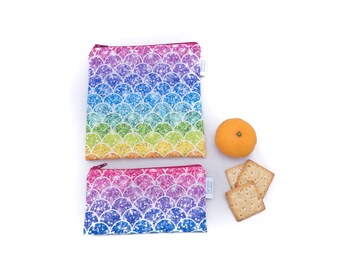 Reusable Sandwich Snack Bag Set, Rainbow Scale Print, reusable ecofriendly zippered snack pouch, zero waste lunch bag, food safe snack sack