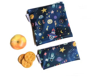 Reusable Sandwich Snack Bag Set Space, reusable food bag, ecofriendly snack bag, zippered snack bag set, snack pouch, lunch bag, snack sack