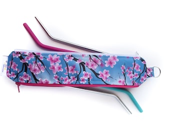 Reusable Straw Bag double sided, cherry blossom, Utensil Pouch, Toothbrush Case, Metal Glass or Silicone Straw Holder