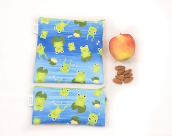 Reusable Sandwich Snack Bag set, Frogs Fabric, reusable ecofriendly zippered snack pouch, zero waste lunch bag, food safe snack sack