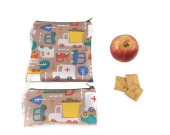 Reusable Sandwich Snack Bag Set Trucks, reusable ecofriendly zippered snack pouch, zero waste lunch bag, food safe snack sack