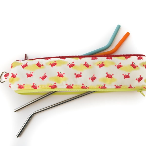 Reusable Straw Bag double sided, crab print, Utensil Pouch, Toothbrush Case, Metal Glass Silicone straw holder, two compartment bag