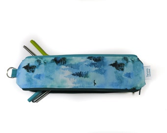 Reusable Straw Bag double sided, Trees print fabric, Utensil Pouch, Toothbrush Case, Metal Glass or Silicone Straw Holder