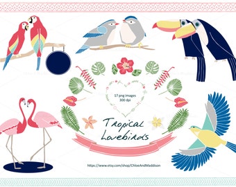 Tropical Lovebirds Clipart Set | Birds Vector | Weddings | Valentine's | Scrapbooking | 17 images @ 300 dpi PNG images | Instant Download