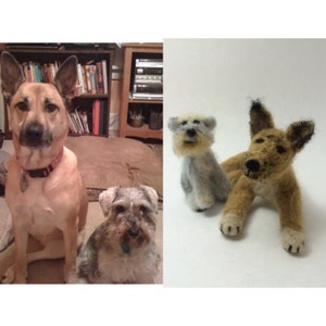 May include: The image presents two real dogs and two felted wool dog sculptures. The real dogs are a tan dog with large ears and a grey and white Schnauzer. The felted dogs are a grey Schnauzer and a tan dog.