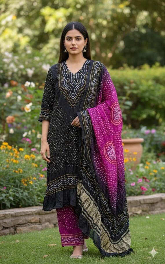 gaji silk bandhani dress material Pink Blue Bandhani Gharchola Dress Material Pure GajiSilk - Bandhani