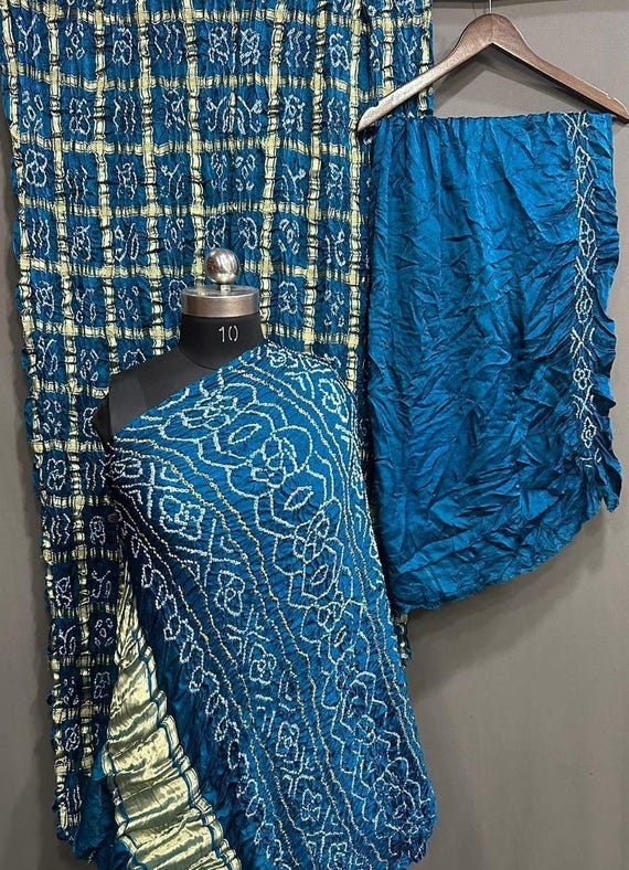 Pure Gaji Silk Teal Gharchola Bandhani Saree 80 Grams 100% Silk