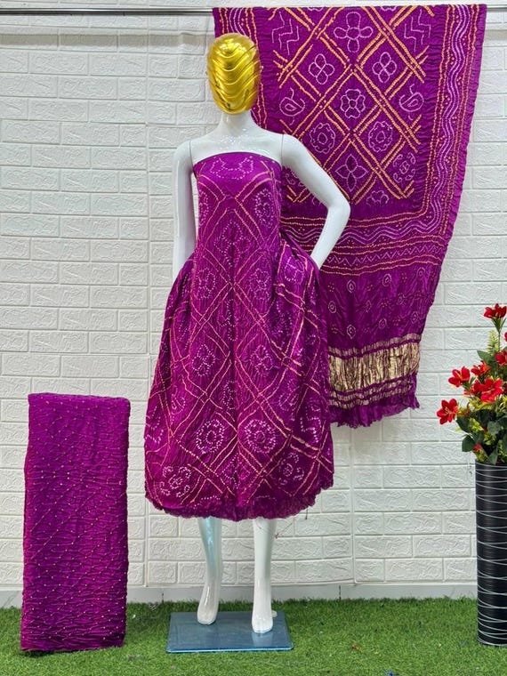 pure silk bandhani dress material Pure Modal Silk Tye n Dye Authentic Bandhani Dress Material (Unstitched)