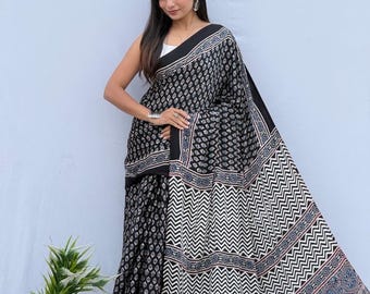 Ajrakh Modal Silk Saree with Blouse Piece