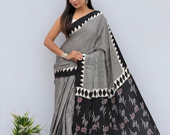 Sari de seda modal Ajrakh con blusa