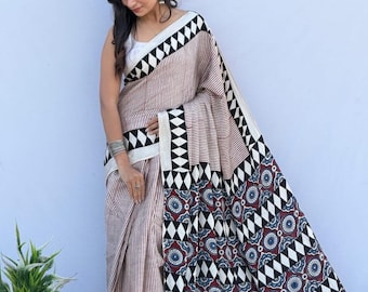Ajrakh Modal Silk Saree with Blouse Piece